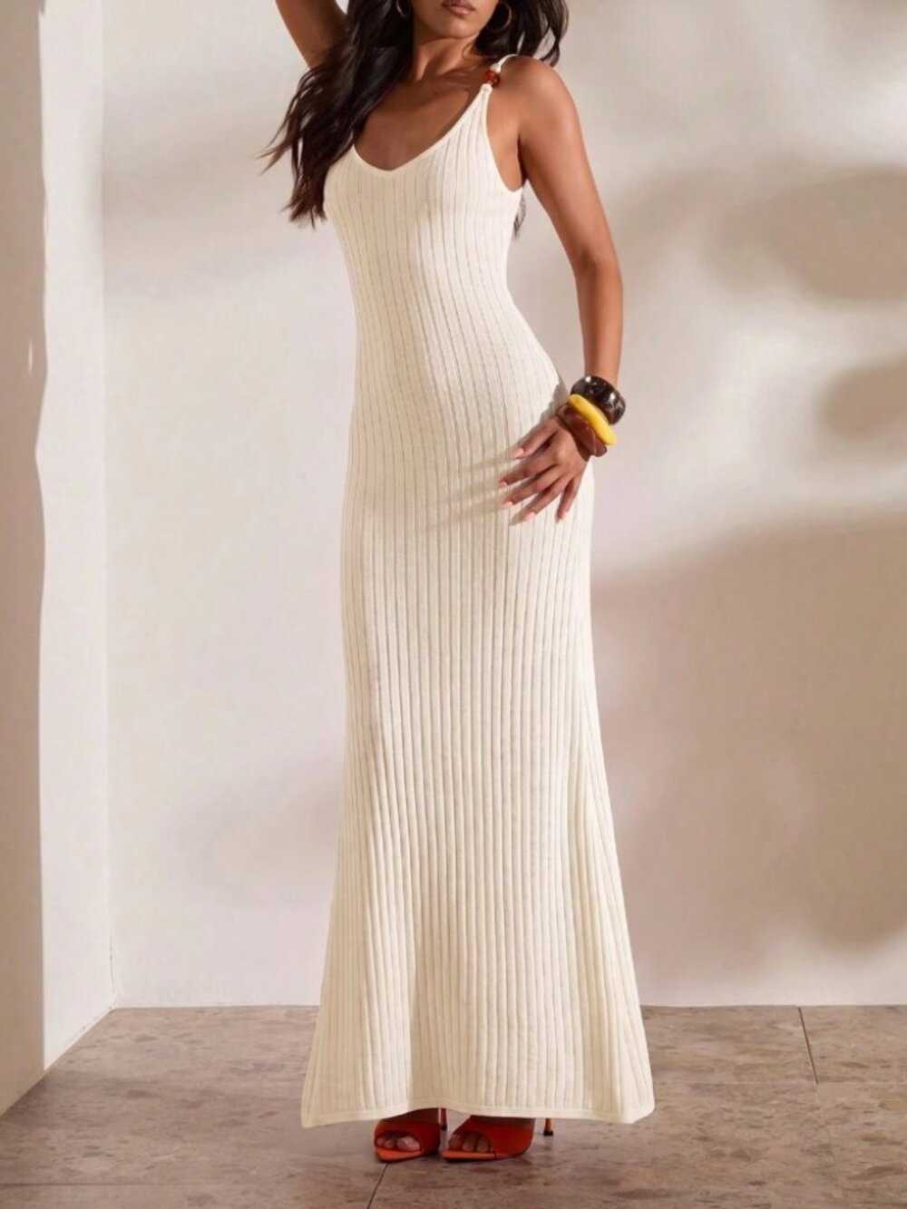 Cream Ribbed Knit Maxi Dress with Beaded Strap Detail